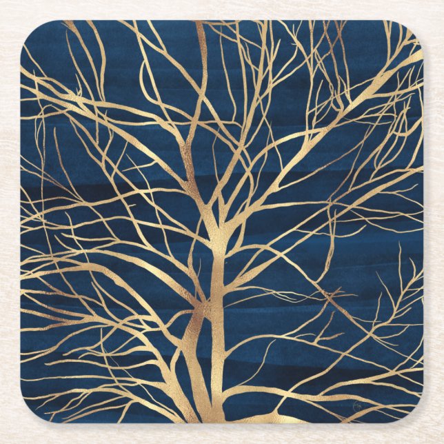Modern Gold Tree Silhouette Minimal Blue Design Square Paper Coaster (Front)