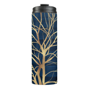 Modern Gold Tree Silhouette Minimal Blue Design Thermal Tumbler