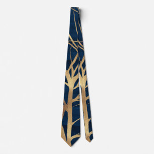 Modern Gold Tree Silhouette Minimal Blue Design Tie
