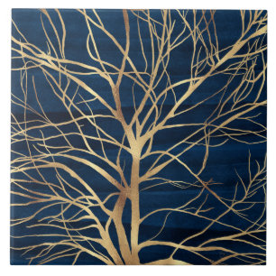 Modern Gold Tree Silhouette Minimal Blue Design Tile