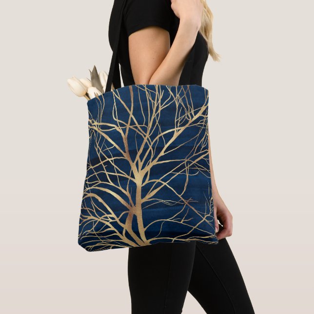 Modern Gold Tree Silhouette Minimal Blue Design Tote Bag (Close Up)