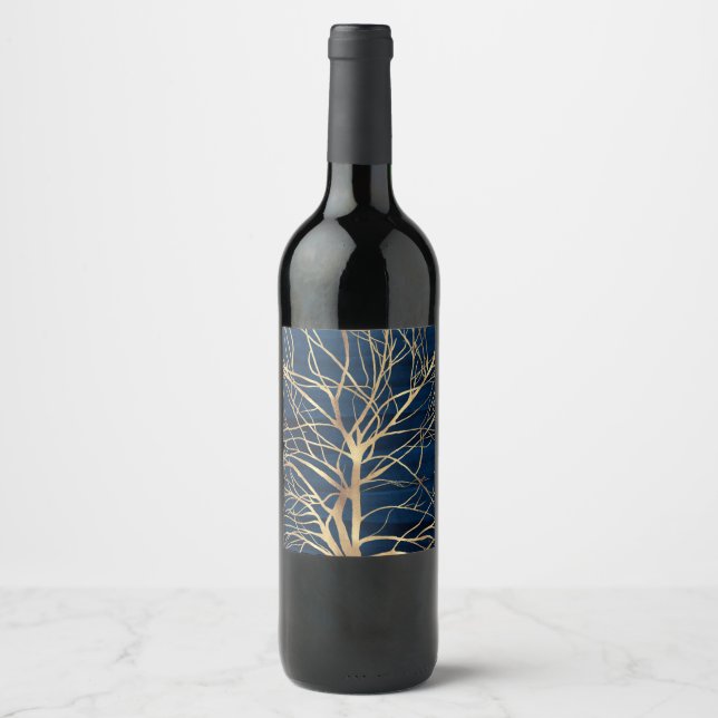 Modern Gold Tree Silhouette Minimal Blue Design Wine Label (Front)