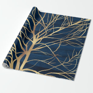 Modern Gold Tree Silhouette Minimal Blue Design Wrapping Paper