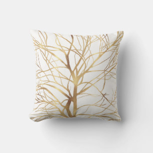 Modern Gold Tree Silhouette Minimal White Design Cushion