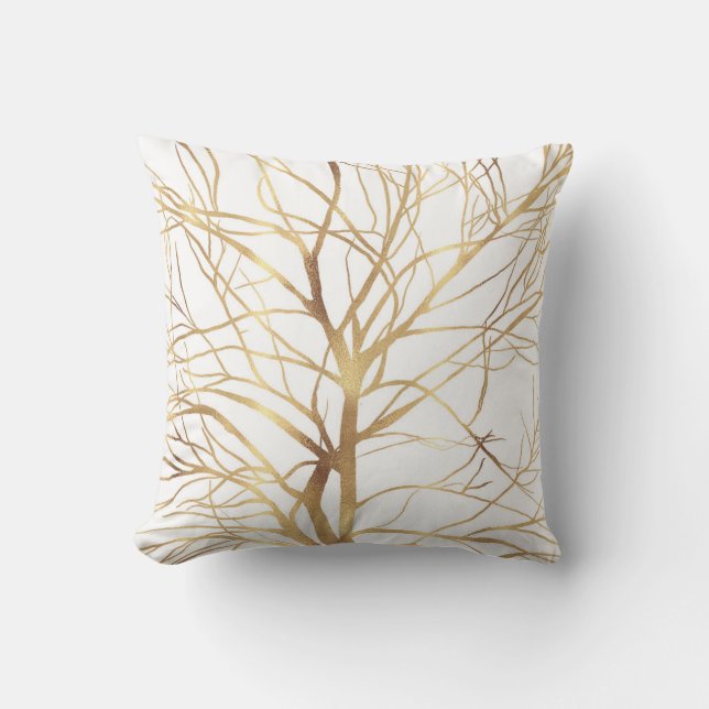 Modern Gold Tree Silhouette Minimal White Design Cushion (Front)
