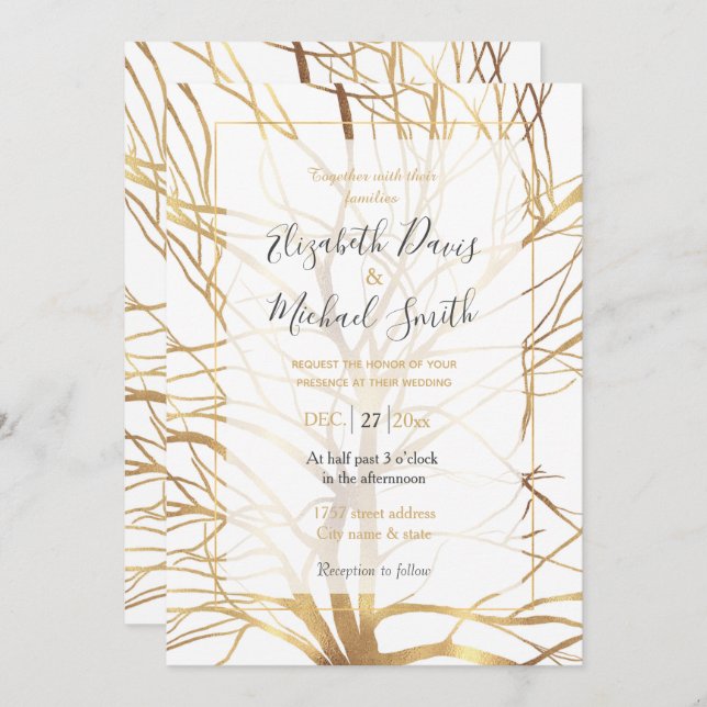 Modern Gold Tree Silhouette Minimal White Design Invitation (Front/Back)