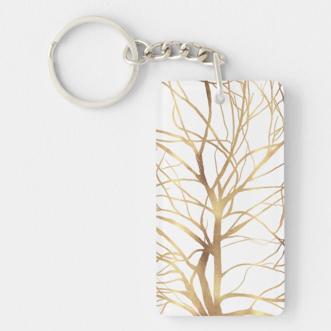 Modern Gold Tree Silhouette Minimal White Design Key Ring (Front)