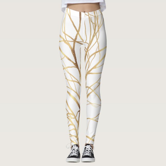 Modern Gold Tree Silhouette Minimal White Design Leggings (Front)