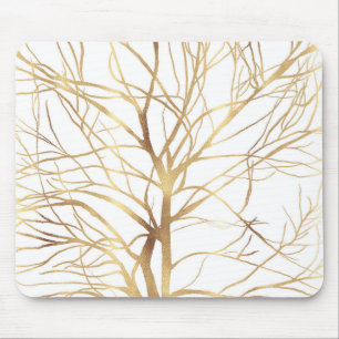 Modern Gold Tree Silhouette Minimal White Design Mouse Mat