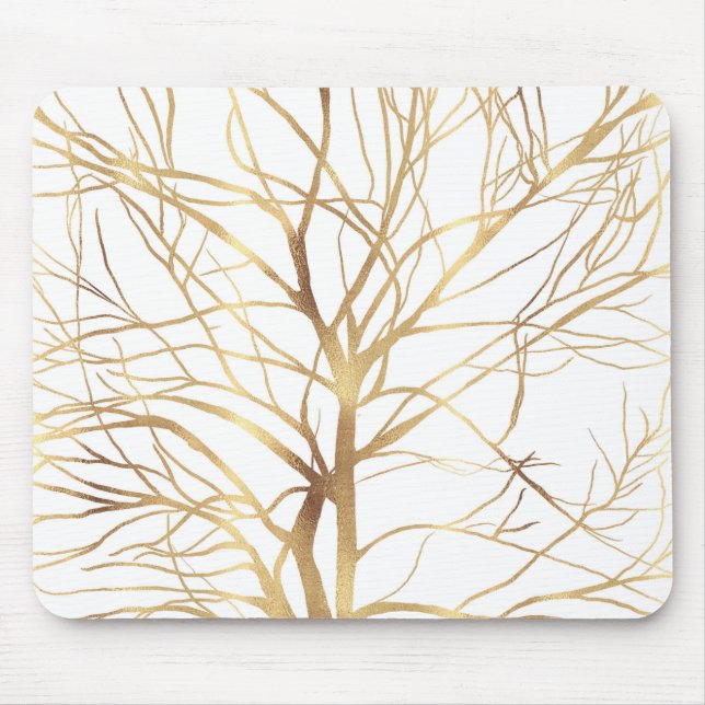 Modern Gold Tree Silhouette Minimal White Design Mouse Mat (Front)