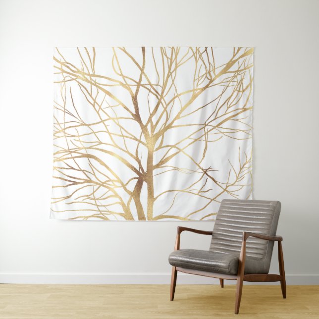 Modern Gold Tree Silhouette Minimal White Design Tapestry (In Situ (Horizontal))