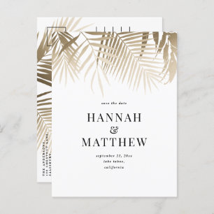 Modern gold tropical leaf classy save the date invitation postcard