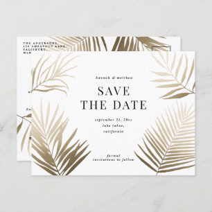 Modern gold tropical leaf classy stylish wedding invitation postcard