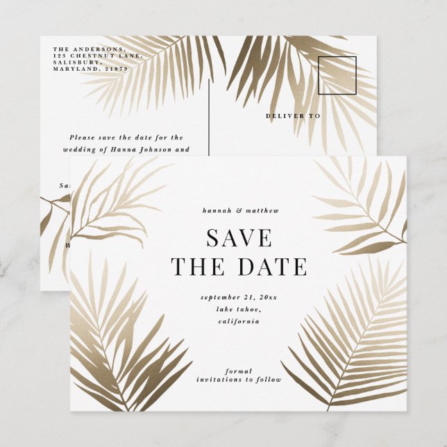 Modern gold tropical leaf classy stylish wedding invitation postcard (Front/Back)
