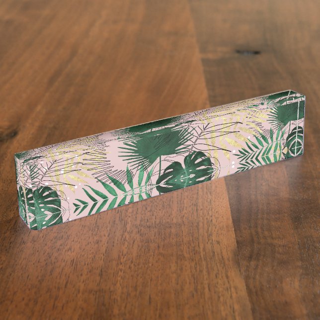 Modern gold tropical leaves and doddles design nameplate (Side)