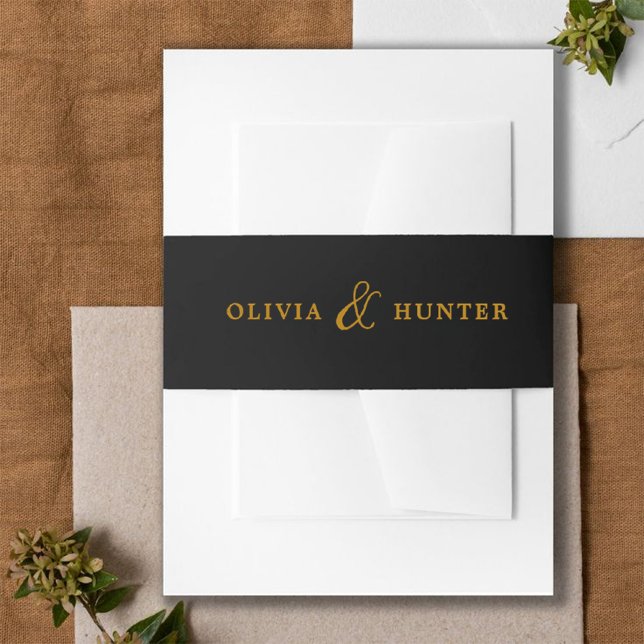 Modern Gold Typo Black Wedding Invitation Belly Band (Black and Gold typo Invitation belly band)