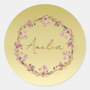 Modern gold typography floral monogram name classic round sticker