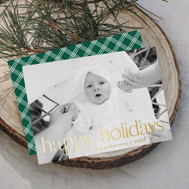 Modern Gold Typography Happy Holidays Photo Foil Holiday Card (Creator Uploaded)
