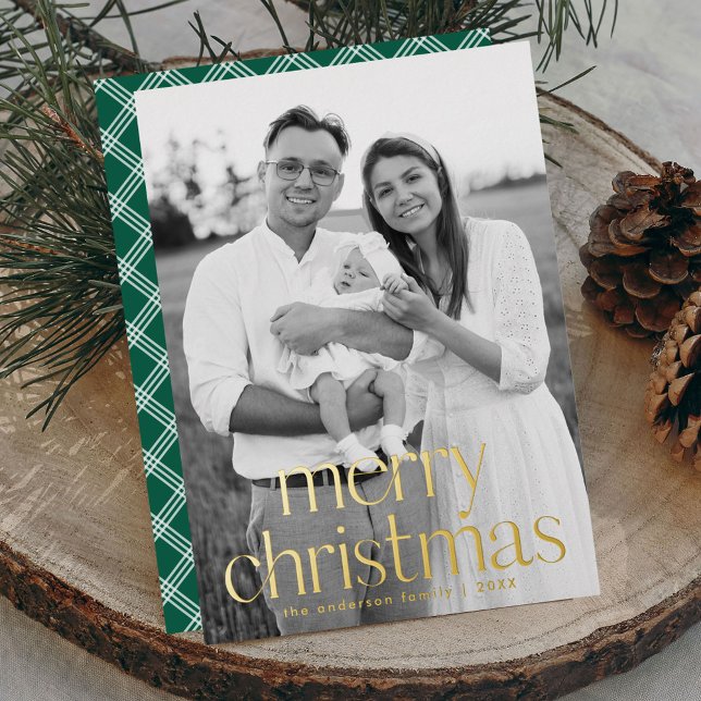 Modern Gold Typography Merry Christmas Photo Foil Holiday Card (Creator Uploaded)