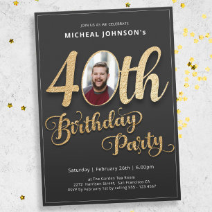 Modern Gold Typography Photo 40th Birthday  Invitation
