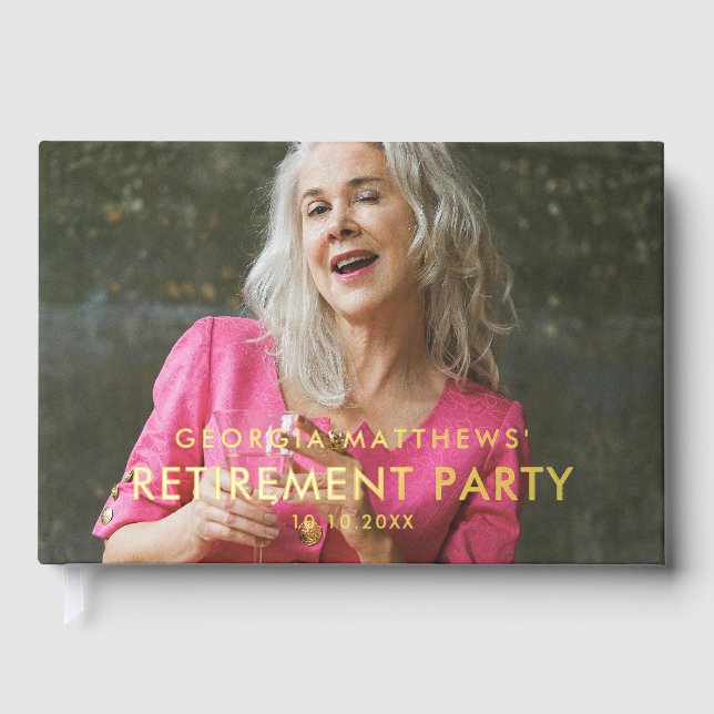 Modern Gold Typography Photo Retirement Party Guest Book (Front)