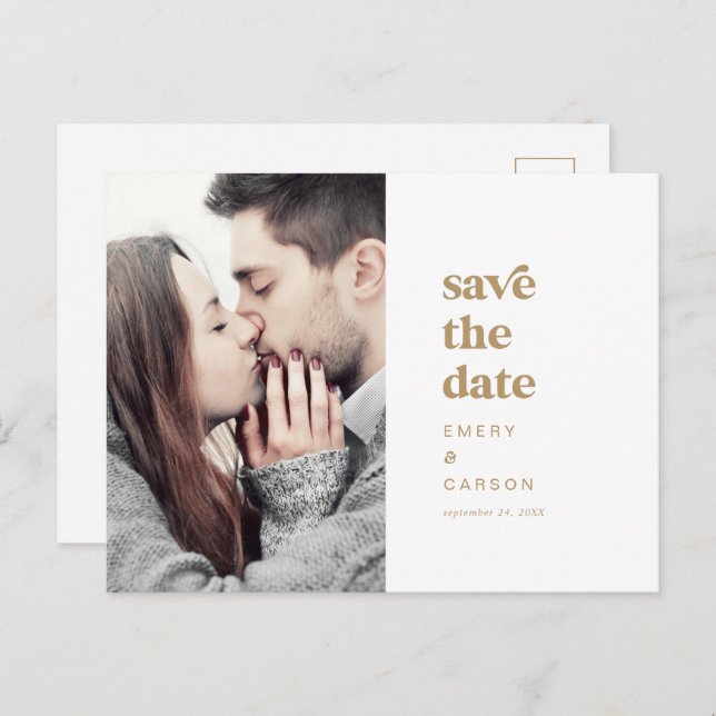 Modern Gold Typography Photo Save the Date Invitation Postcard (Front/Back)