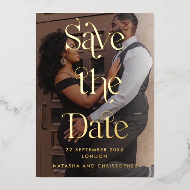 Modern Gold Typography Photo Vellum Save the Date (Front)