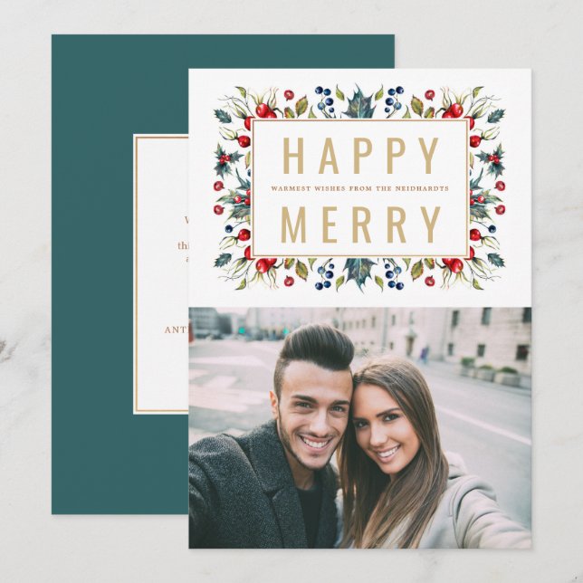 Modern Gold Watercolor Berries Christmas Photo Holiday Card (Front/Back)