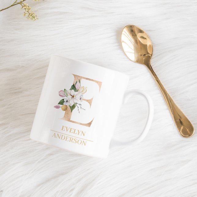 Modern Gold Watercolor Flower Letter E | Monogram  Coffee Mug (Creator Uploaded)