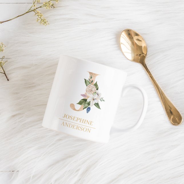 Modern Gold Watercolor Flower Letter J | Monogram  Coffee Mug (Creator Uploaded)