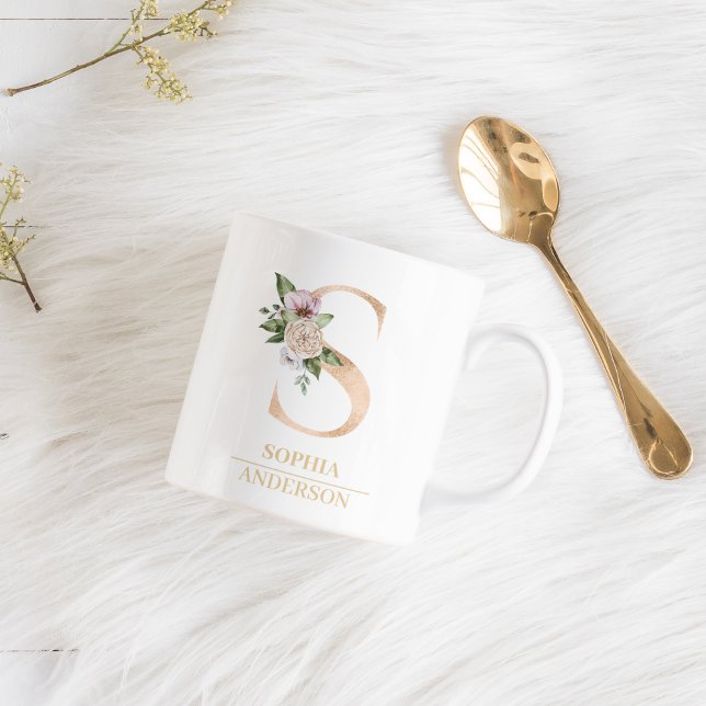 Modern Gold Watercolor Flower Letter S | Monogram  Coffee Mug (Creator Uploaded)