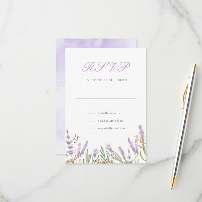 Modern Gold & Watercolor Lavender Floral Wedding RSVP Card (Front/Back In Situ)
