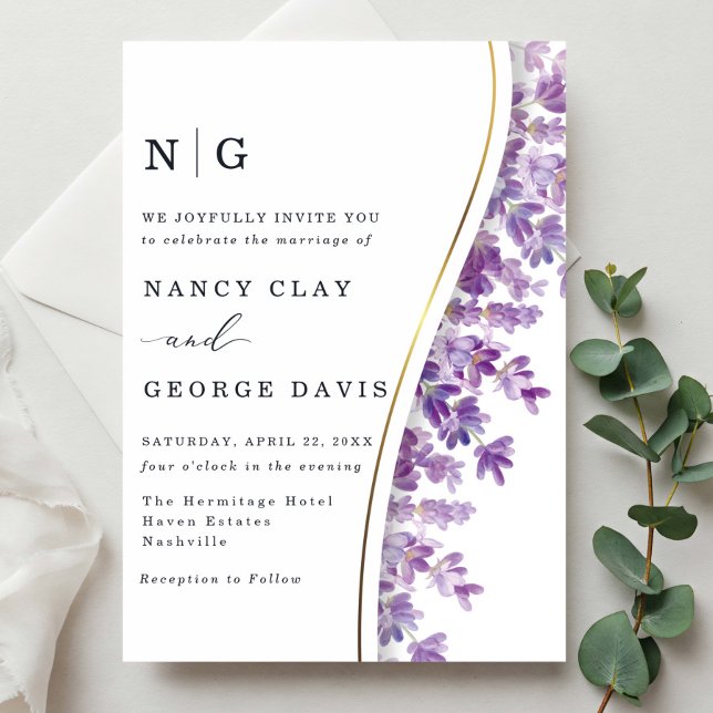 Modern Gold Watercolor Lavender Monogram Wedding Invitation (Creator Uploaded)