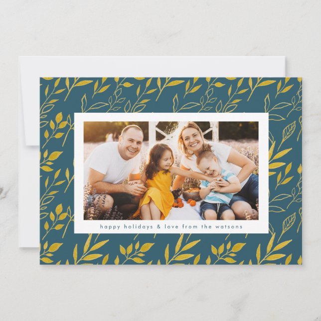 Modern Gold Watercolor Leaves Photo Christmas Holiday Card (Front)