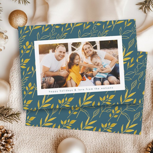 Modern Gold Watercolor Leaves Photo Christmas Holiday Card (Creator Uploaded)