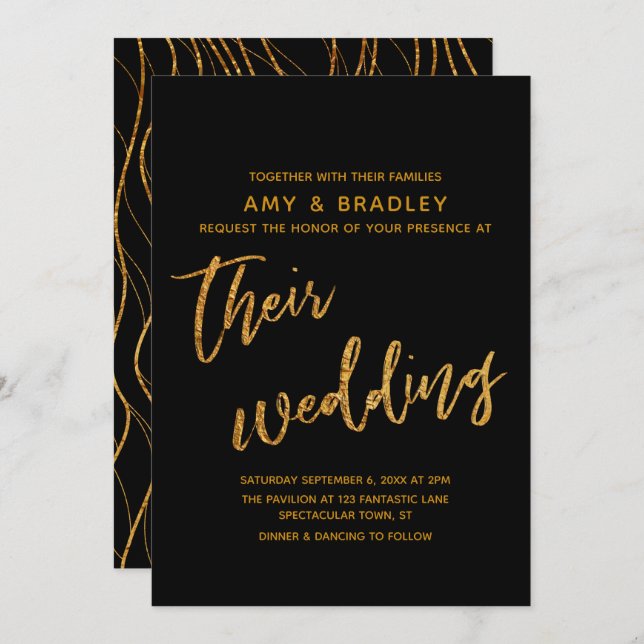 Modern Gold Waves and Handwriting Black Wedding Invitation (Front/Back)