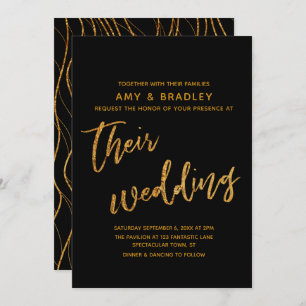 Modern Gold Waves and Handwriting Black Wedding Invitation