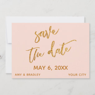 Modern Gold Waves and Handwriting Blush Pink Save The Date