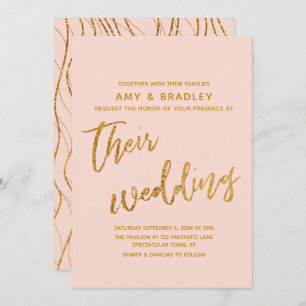 Modern Gold Waves and Handwriting Blush Wedding Invitation
