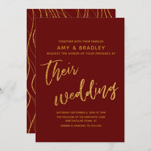 Modern Gold Waves and Handwriting Burgundy Wedding Invitation (Front/Back)