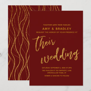 Modern Gold Waves and Handwriting Burgundy Wedding Invitation