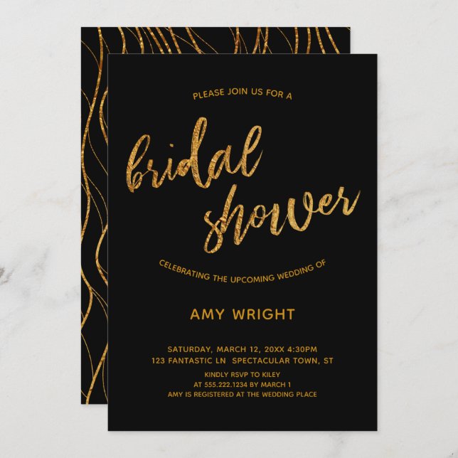 Modern Gold Waves Handwriting Black Bridal Shower Invitation (Front/Back)
