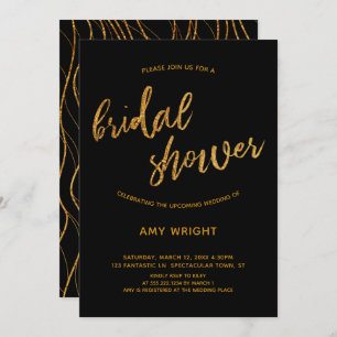 Modern Gold Waves Handwriting Black Bridal Shower Invitation