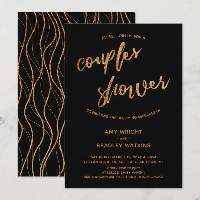 Modern Gold Waves Handwriting Black Couples Shower Invitation (Front/Back)