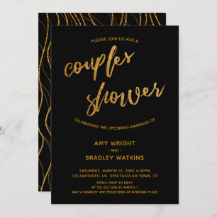 Modern Gold Waves Handwriting Black Couples Shower Invitation
