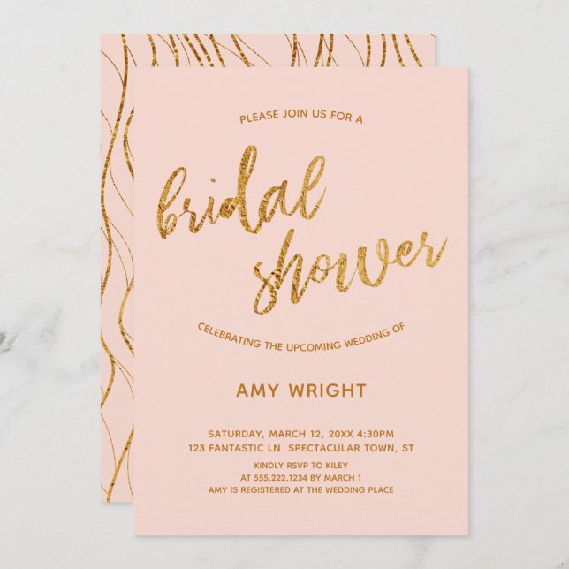 Modern Gold Waves Handwriting Blush Bridal Shower Invitation (Front/Back)