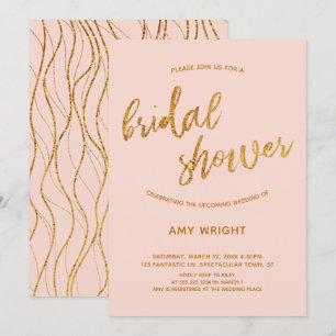 Modern Gold Waves Handwriting Blush Bridal Shower Invitation