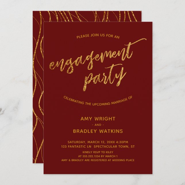 Modern Gold Waves Handwriting Burgundy Engagement Invitation (Front/Back)
