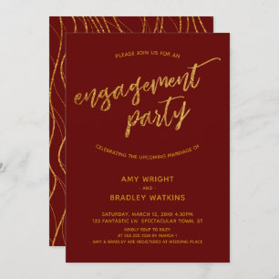 Modern Gold Waves Handwriting Burgundy Engagement Invitation