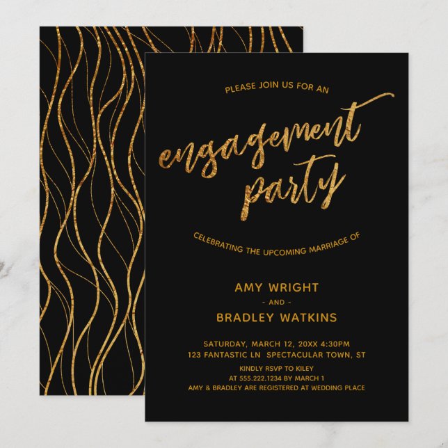 Modern Gold Waves Handwriting on Black Engagement Invitation (Front/Back)